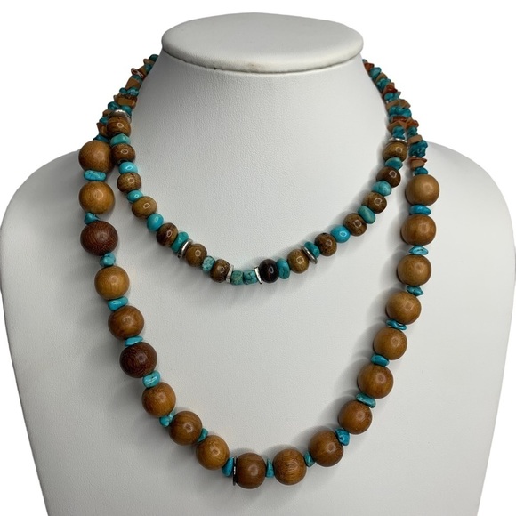 Chico’s Double Strand Brown Wooden Beads Turquoise & Brown Stone Chips Necklace - Picture 1 of 8